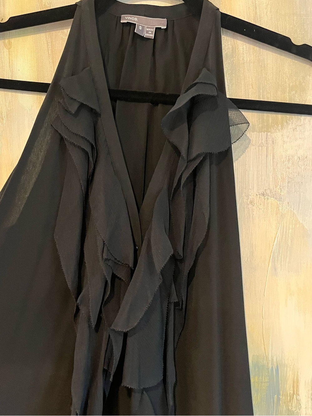 Vince Black Silk Blend Cascading Ruffle Sleeveless Blouse Size Small